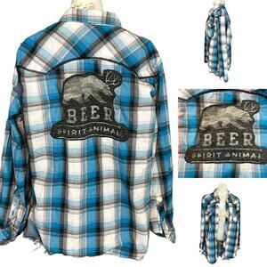 Plaid Western Plaid Pearl Snap Shirt XL Oversize One of Kind Beer Spirit Animal